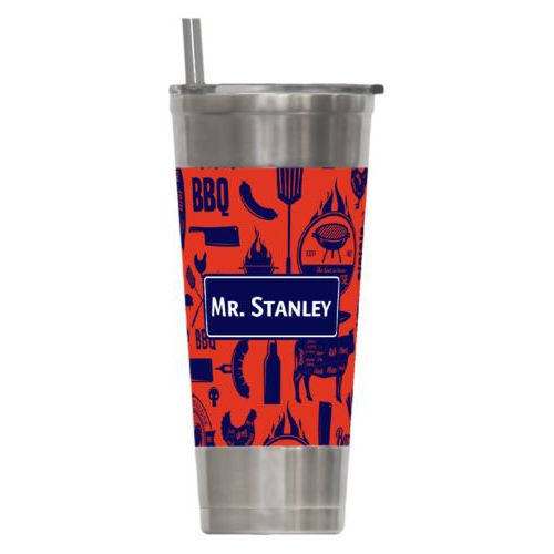 Personalized insulated steel tumbler personalized with bbq club pattern and name in true navy and strong red