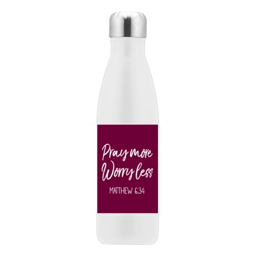 Personalized stainless steel water bottle personalized with concaved pattern and the saying "Pray more worry less Matthew 6:34"