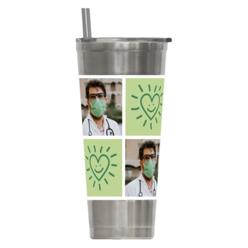 Personalized insulated steel tumbler personalized with a photo and the saying "Smiling Heart" in pine green and leaf green