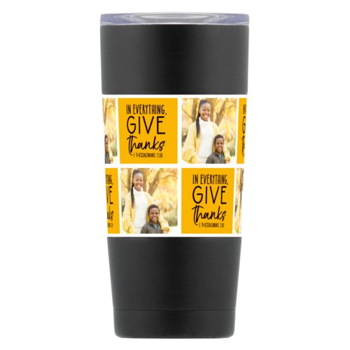 Personalized insulated steel mug personalized with a photo and the saying "In everything, give thanks 1 Thessalonians 5:18" in university of missouri