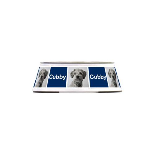 Personalized pet bowl personalized with a photo and the saying "Cubby" in navy blue and white