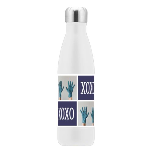 Personalized steel water bottle personalized with a photo and the saying "xoxo" in navy and white