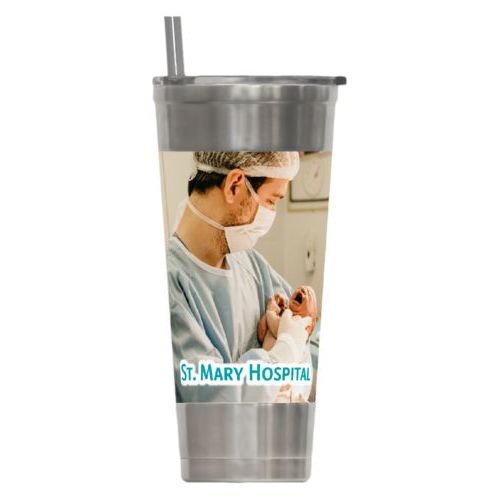 Personalized insulated steel tumbler personalized with photo and the saying "St. Mary Hospital"