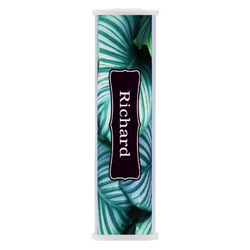 Personalized backup phone charger personalized with plants fauna pattern and name in black licorice