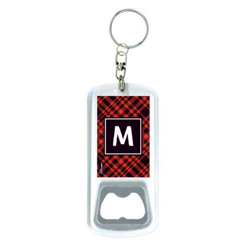 Personalized bottle opener personalized with tartan pattern and initial in black and strong red