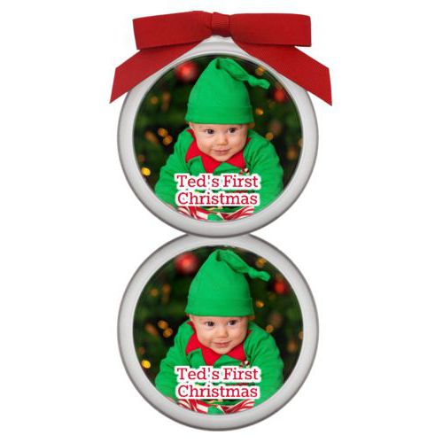 Personalized ornament personalized with photo and the saying "Ted's First Christmas"
