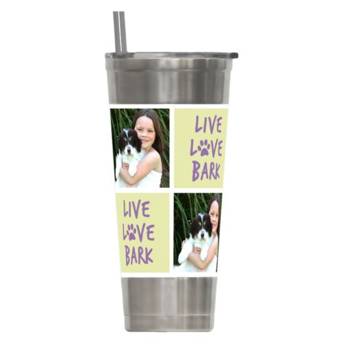 Personalized insulated steel tumbler personalized with a photo and the saying "Live love bark" in grape purple and morning dew green