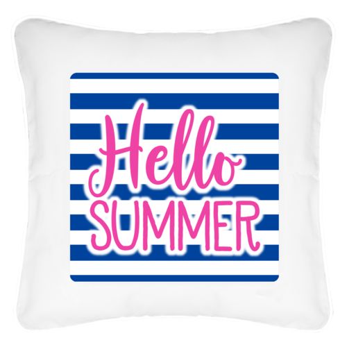 Personalized pillow personalized with beach stripe pattern and the saying "Hello Summer"