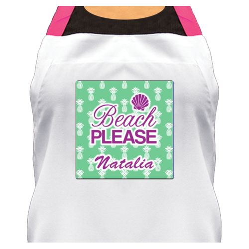 Personalized apron personalized with welcome pattern and the saying "Beach Please" and the saying "Natalia"