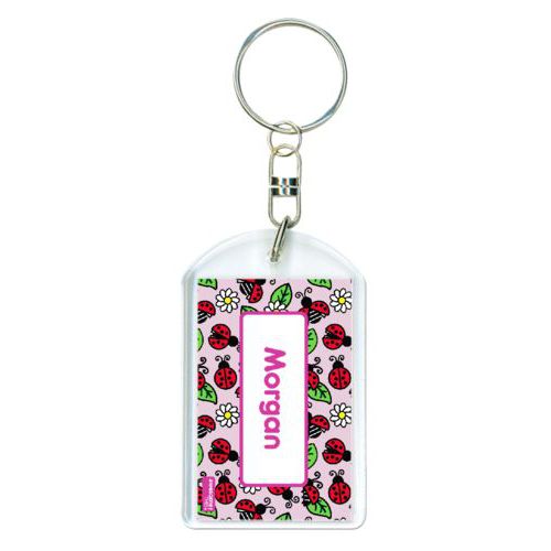 Personalized plastic keychain personalized with bugs ladybug pattern and name in pink