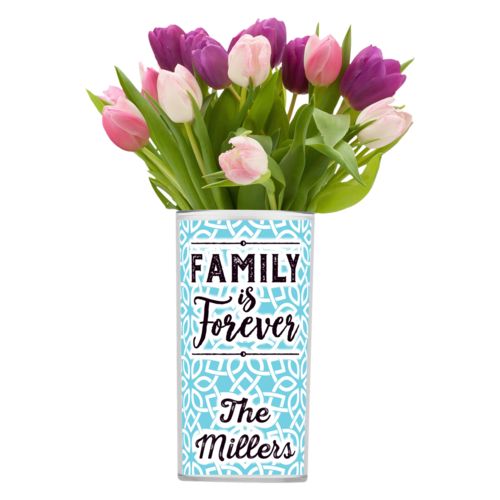 Personalized vase personalized with lattice pattern and the saying "Family Is Forever" and the saying "The Millers"