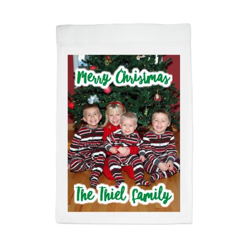 Personalized lawn flag personalized with photo and the saying "Merry Christmas" and the saying "The Thiel Family"