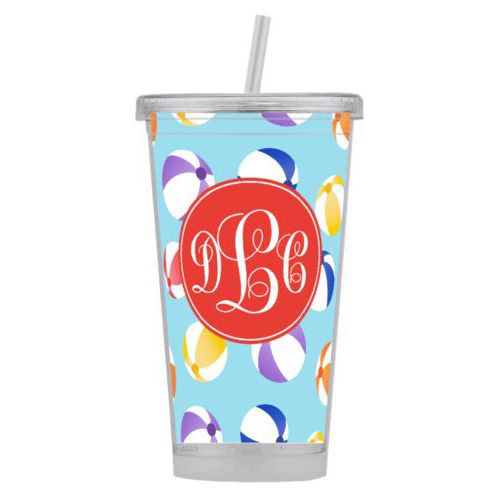 Personalized tumbler personalized with beach balls pattern and monogram in red orange
