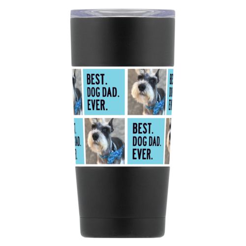 Personalized insulated steel mug personalized with a photo and the saying "Best dog dad ever" in black and sweet teal