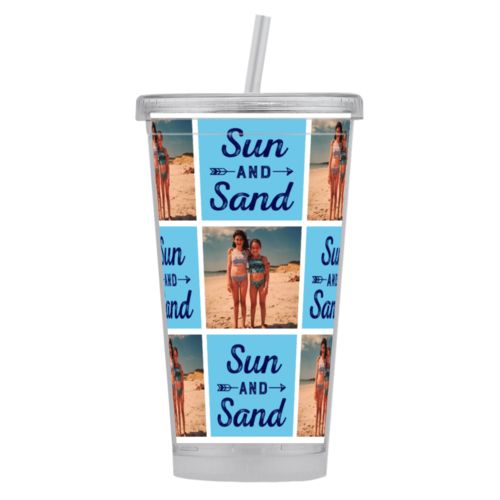 Personalized tumbler personalized with a photo and the saying "Sun and Sand" in true navy and ultramarine