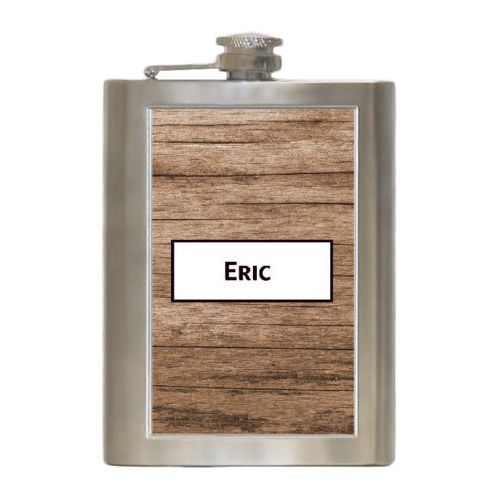 Personalized 8oz flask personalized with brown wood pattern and name in black licorice