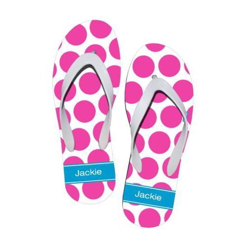 Personalized flipflops personalized with big dot pattern and name in caribbean blue and juicy pink