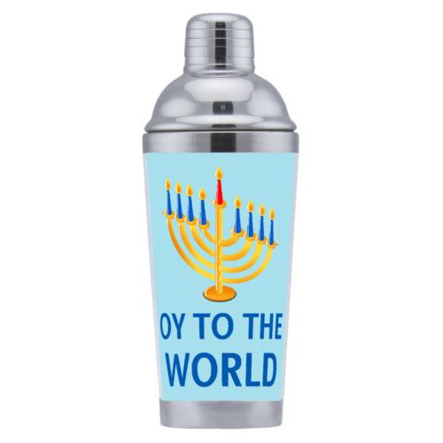 Coctail shaker personalized with photo and the saying "OY TO THE WORLD"
