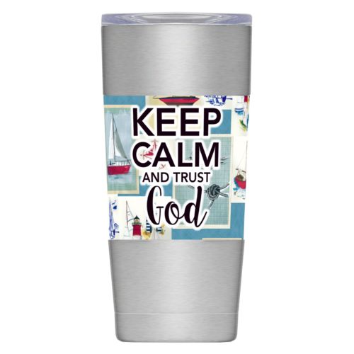 Personalized insulated steel mug personalized with impressions pattern and the saying "Keep Calm and Trust God"