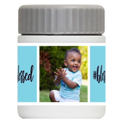 Personalized 12oz food jar personalized with a photo and the saying "#Blessed" in black and sweet teal