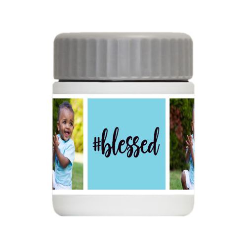 Personalized 12oz food jar personalized with a photo and the saying "#Blessed" in black and sweet teal Personalized 12oz food jar personalized with a photo and the saying "#Blessed" in black and sweet teal