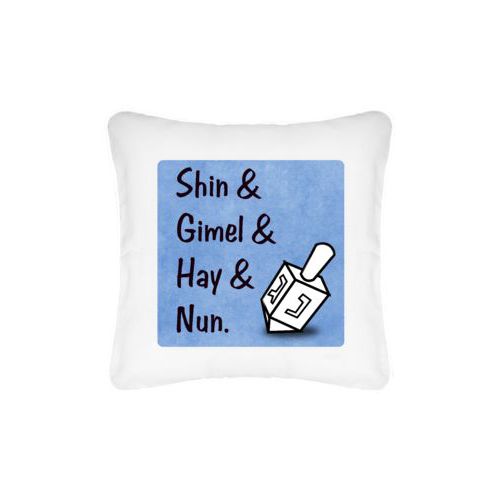 Personalized pillow personalized with photo and the saying "Shin & Gimel & Hay & Nun."