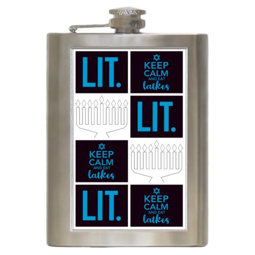 Personalized 8oz flask personalized with a photo and sayings "Lit" in caribbean blue and black and "Keep Calm and Eat Latkes" in caribbean blue and black