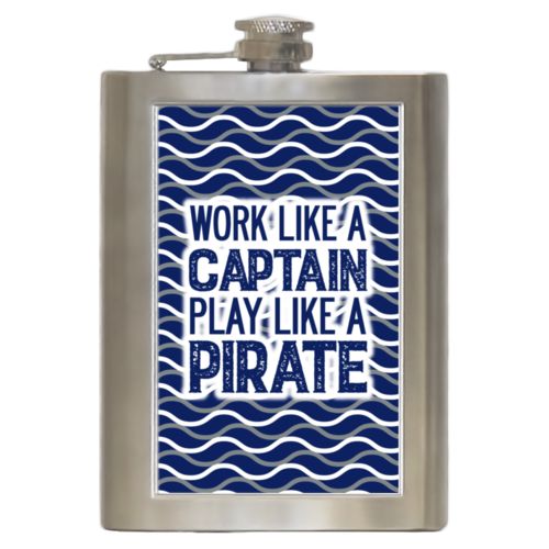 Personalized 8oz flask personalized with tidal pattern and the saying "Work like a captain play like a pirate"