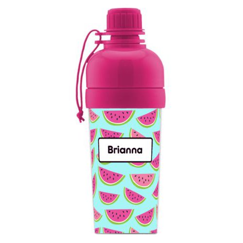 Boys water bottle personalized with fruit watermelon pattern and name in black licorice