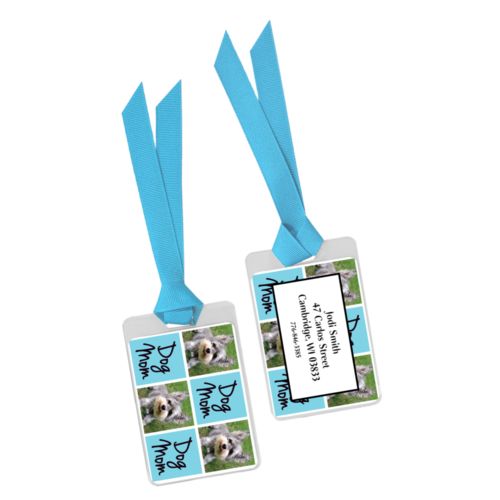 Personalized bag tag personalized with a photo and the saying "dog mom" in black and sweet teal