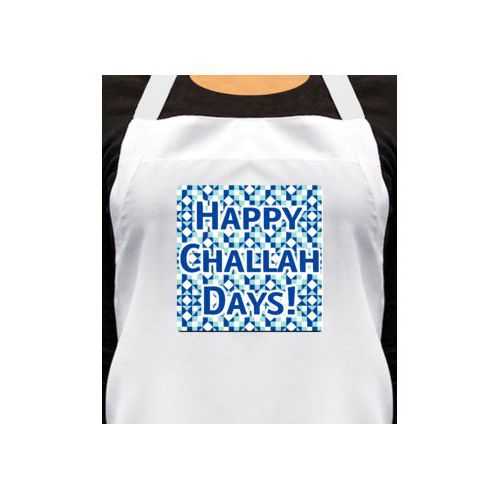 Personalized apron personalized with chester pattern and the saying "Happy Challah Days!"