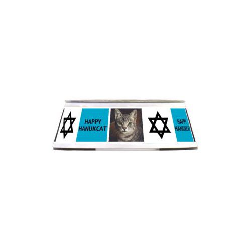 Personalized pet bowl personalized with a photo and sayings "HAPPY HANUKCAT" in black and juicy blue and "Star of David"