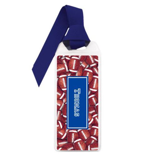 Personalized book mark personalized with footballs pattern and name in royal blue