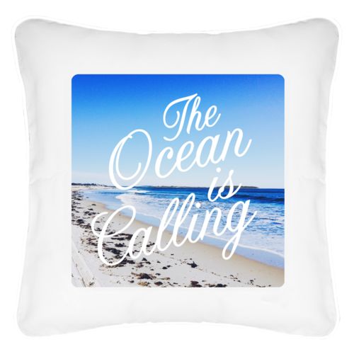 Personalized pillow personalized with photo and the saying "The Ocean is Calling"