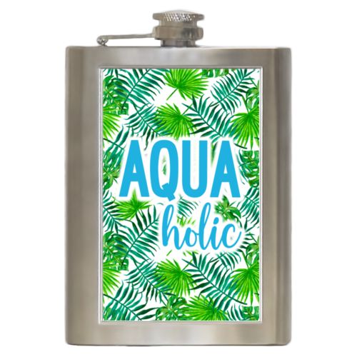 Personalized 8oz flask personalized with jardine pattern and the saying "Aquaholic"