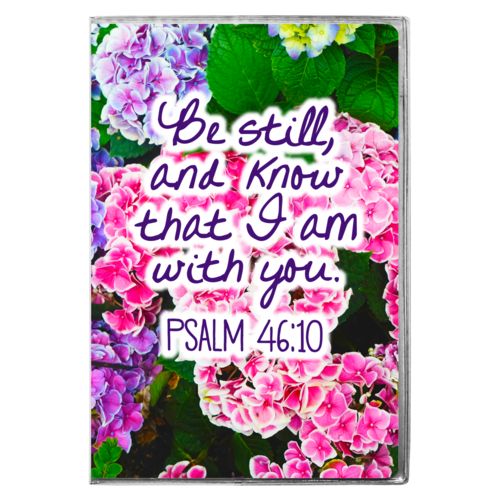 Personalized journal personalized with hydrangea pattern and the saying "Be still, and know that I am with you"