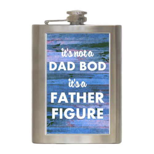 Personalized 8oz flask personalized with sky rustic pattern and the saying "it's not a DAD BOD it's a FATHER FIGURE"