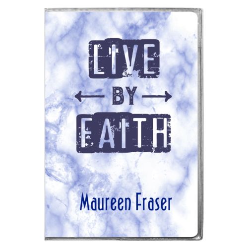 Personalized journal personalized with blue marble pattern and the sayings "Live by Faith" and "Maureen Fraser"