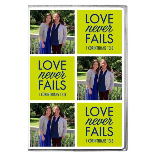 Personalized journal personalized with a photo and the saying "Love never fails 1 Corinthians 13:8" in marine and chartreuse