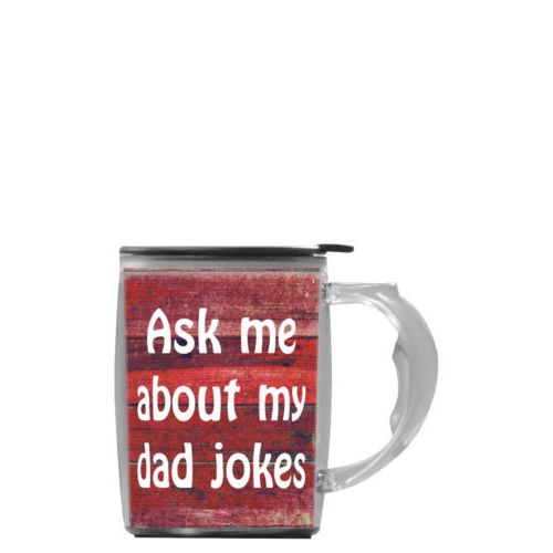 Custom mug with handle personalized with red rustic pattern and the saying "Ask me about my dad jokes"