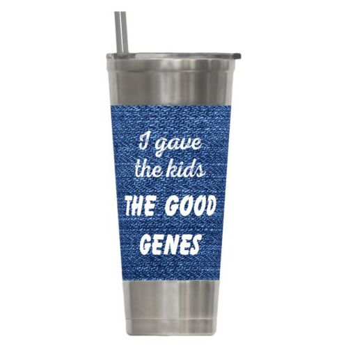 Personalized insulated steel tumbler personalized with denim industrial pattern and the saying "I gave the kids the good genes"