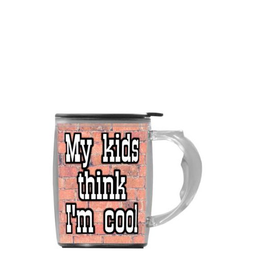 Custom mug with handle personalized with brick industrial pattern and the saying "My kids think I'm cool"