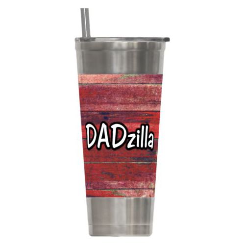 Personalized insulated steel tumbler personalized with red rustic pattern and the saying "DADzilla"