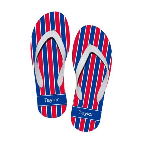 Personalized flipflops personalized with stripe pattern and name in summer blue and red
