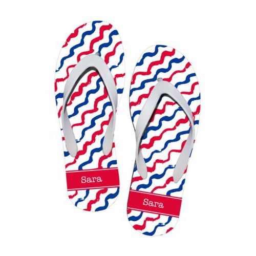 Personalized flipflops personalized with waves pattern and name in summer red and blue