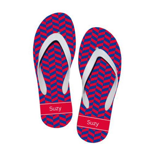 Personalized flipflops personalized with dazzle pattern and name in summer red and blue