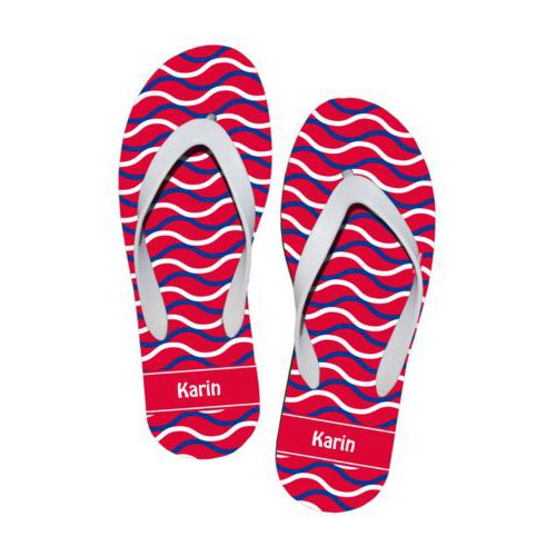 Personalized flipflops personalized with tidal pattern and name in summer red and blue
