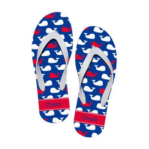 Personalized flipflops personalized with whales pattern and name in summer blue and red
