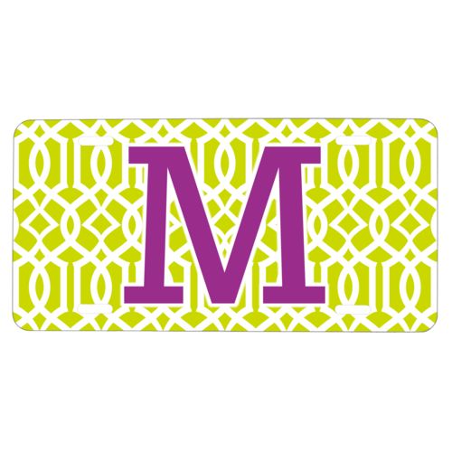 Personalized license plate personalized with ironwork pattern and the saying "M"