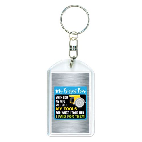 Personalized keychain personalized with steel industrial pattern and the saying "My biggest fear, when I die my wife will sell my tools for what I told her I paid for them"